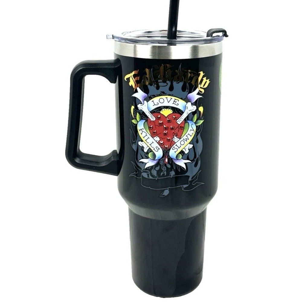 Ed Hardy Love‎ Kills Slowly Black Stainless Steel Tumbler Cup With Handle Straw